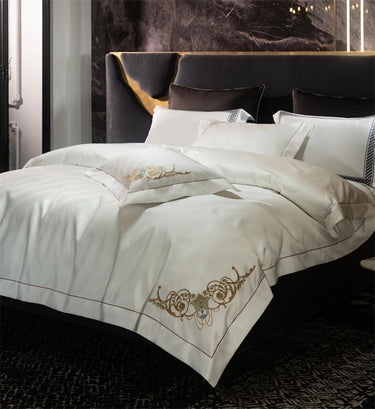 White Gold Satin Jacquard Egyptian Cotton 1200TC Luxury Gold Embroidery Duvet Cover Bedding Set